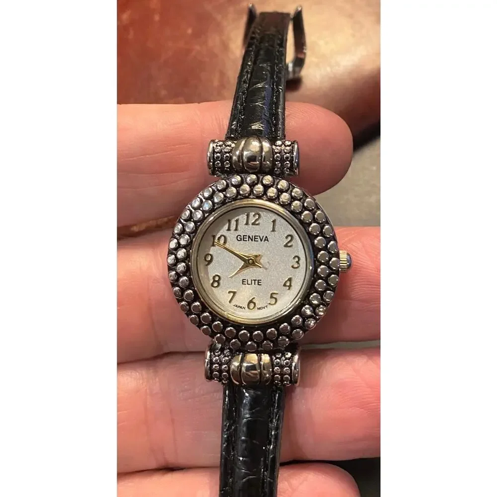 Women's 30mm Silver tone Geneva Elite Watch, Black Band